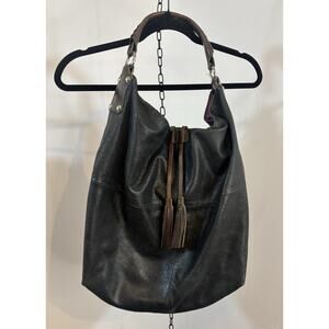 TANO Black Leather Slouchy Hobo Bag Brown Strap Tassel Boho Artisan
